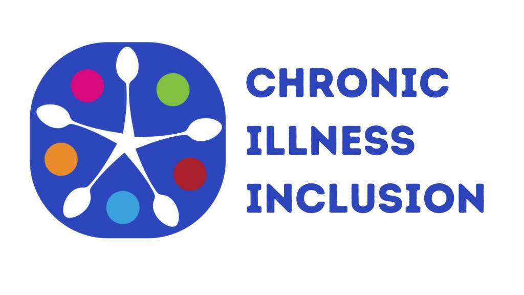 Chronic Illness Inclusion logo. White background with blue text saying chronic illness inclusion. There is an icon that is a blue circle with a white five point star and between each point are different coloured circles