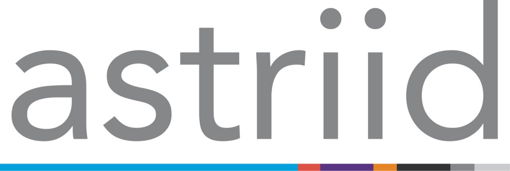The astriid logo with is a white background with grey lettering and a stripe beneath astrrid which is a few different colours